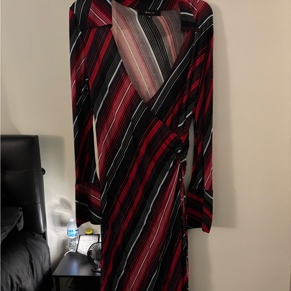 Elegant Striped Wrap Dress - Red and Black